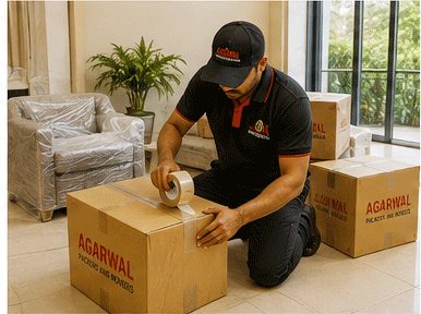 Agarwal Packers and Movers staff taping a moving box