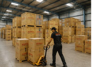 Agarwal Packers and Movers staff moving stacked pallets in a warehouse