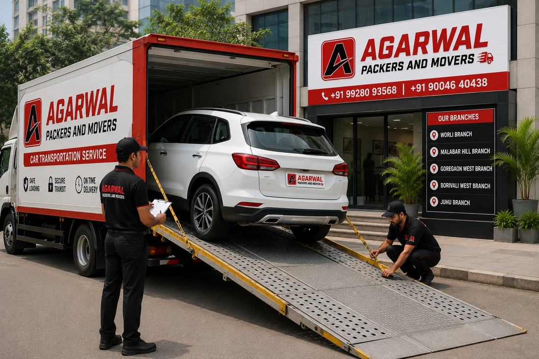 Car being loaded onto a carrier by Agarwal Packers and Movers in Mumbai