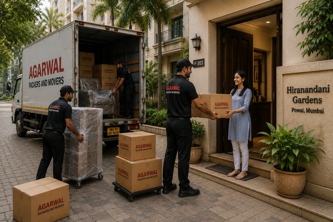Agarwal Packers and Movers staff handing a box to a customer at her doorstep in Mumbai