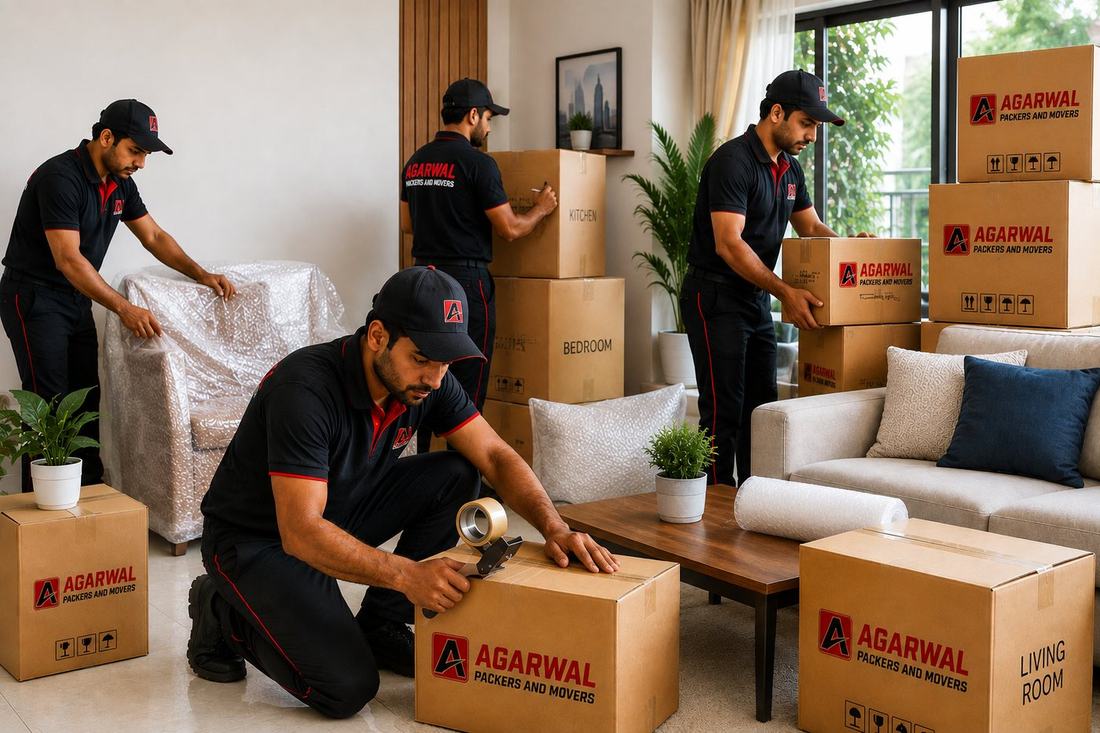 Agarwal Packers and Movers team packing household items into labelled boxes in Mumbai